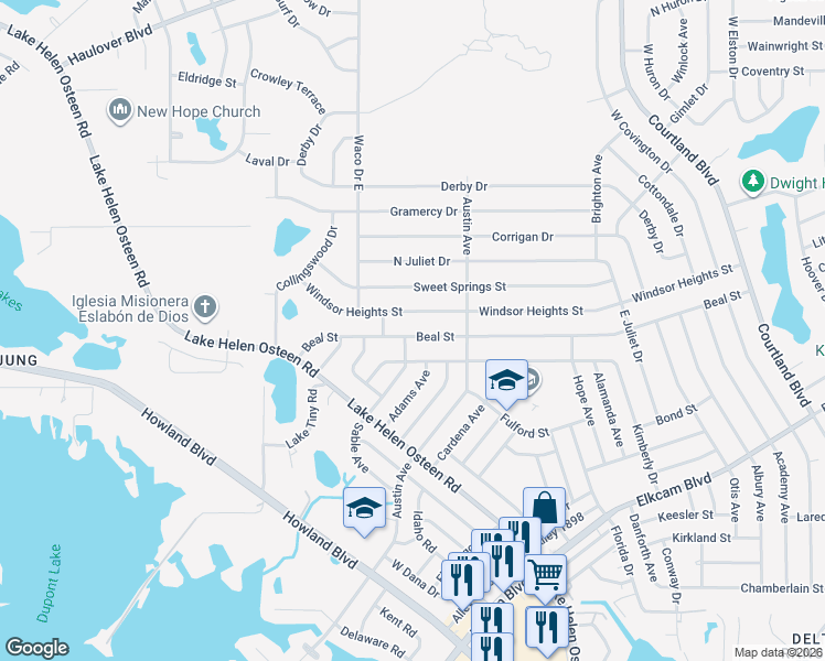 map of restaurants, bars, coffee shops, grocery stores, and more near 2644 Beal Street in Deltona
