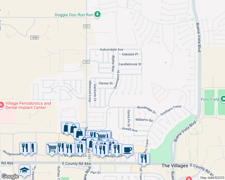 map of restaurants, bars, coffee shops, grocery stores, and more near 3400 New Hope Place in The Villages