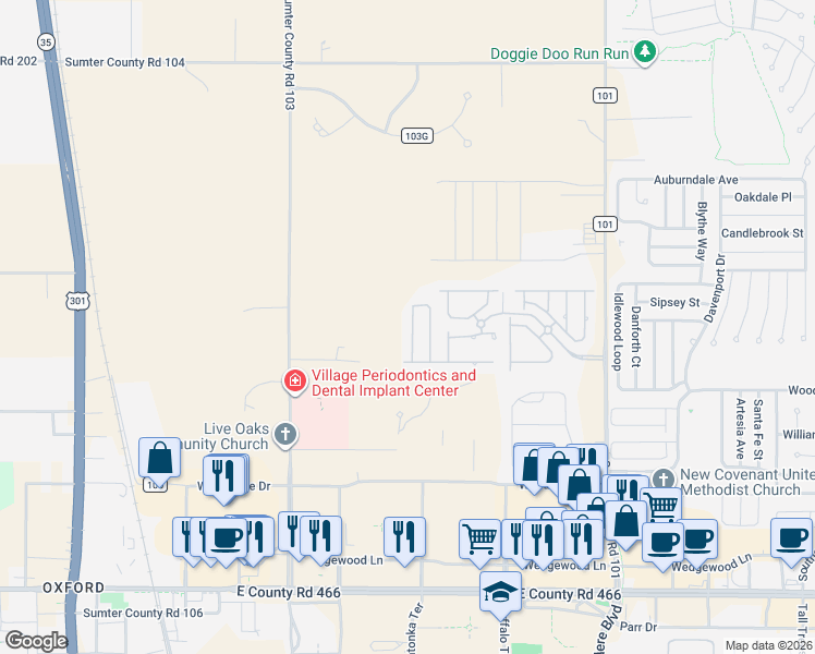 map of restaurants, bars, coffee shops, grocery stores, and more near 12379 Northeast 48th Loop in Oxford
