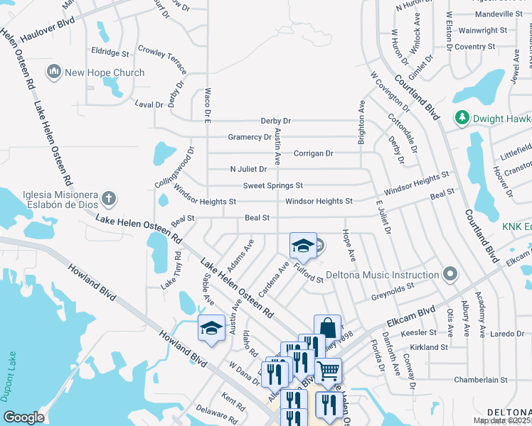 map of restaurants, bars, coffee shops, grocery stores, and more near 2692 Beal Street in Deltona