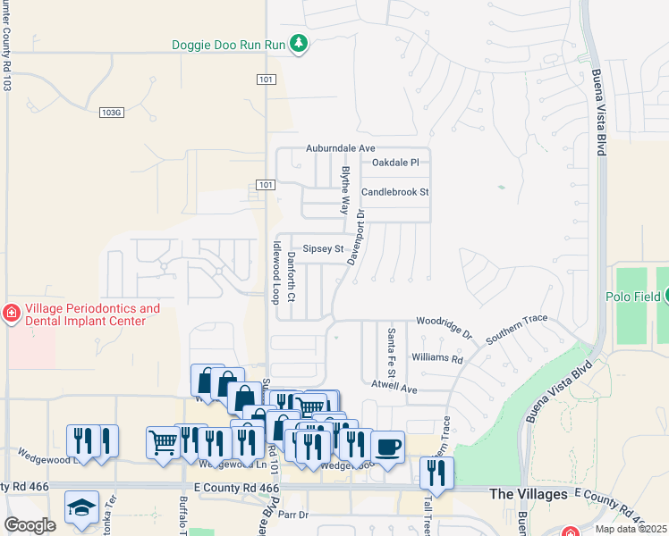 map of restaurants, bars, coffee shops, grocery stores, and more near 3400 New Hope Place in The Villages