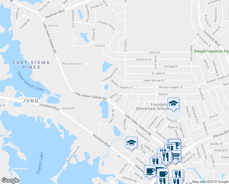 map of restaurants, bars, coffee shops, grocery stores, and more near 2562 Beal Street in Deltona