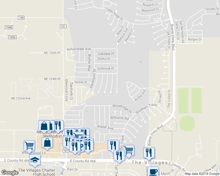 map of restaurants, bars, coffee shops, grocery stores, and more near 940 Kingmont Terrace in The Villages