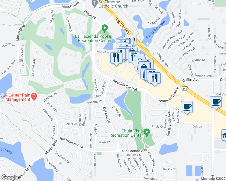 map of restaurants, bars, coffee shops, grocery stores, and more near 1110 Encino Lane in Lady Lake
