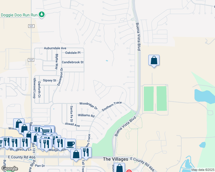 map of restaurants, bars, coffee shops, grocery stores, and more near 3129 Archer Road in The Villages