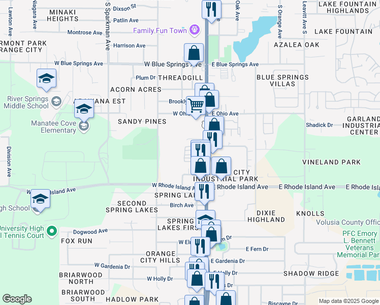 map of restaurants, bars, coffee shops, grocery stores, and more near 1065 South Volusia Avenue in Orange City