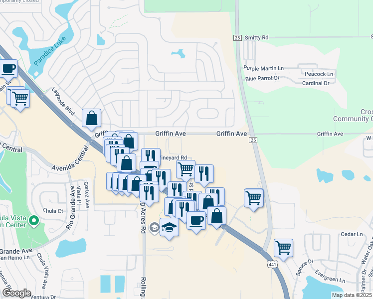 map of restaurants, bars, coffee shops, grocery stores, and more near 620 Griffin Avenue in Lady Lake