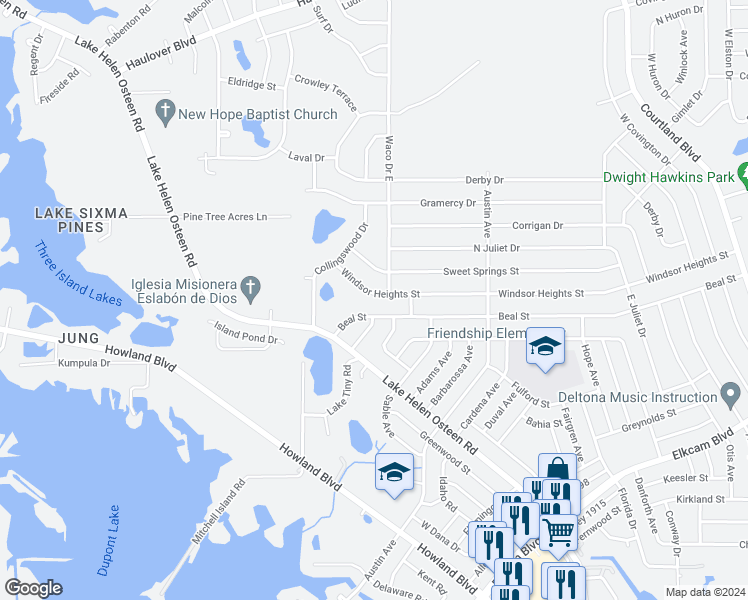 map of restaurants, bars, coffee shops, grocery stores, and more near 2601 Windsor Heights Street in Deltona