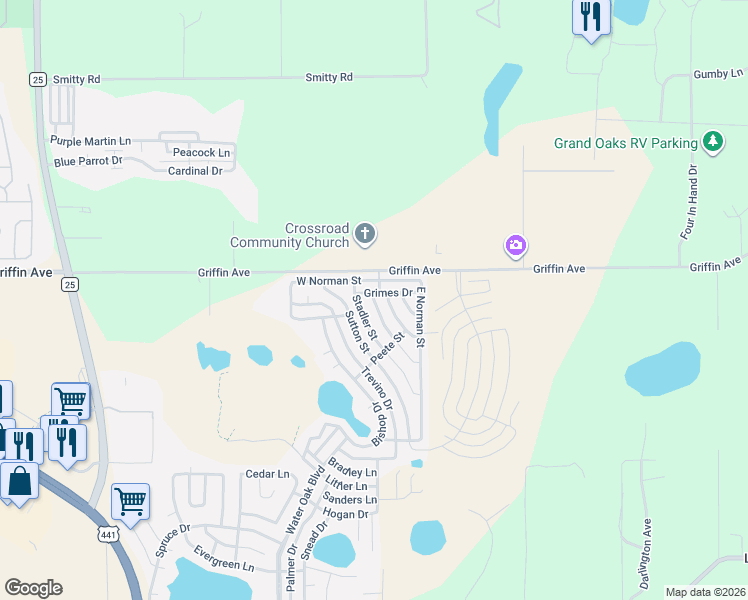 map of restaurants, bars, coffee shops, grocery stores, and more near 915 Nelson Drive in Lady Lake