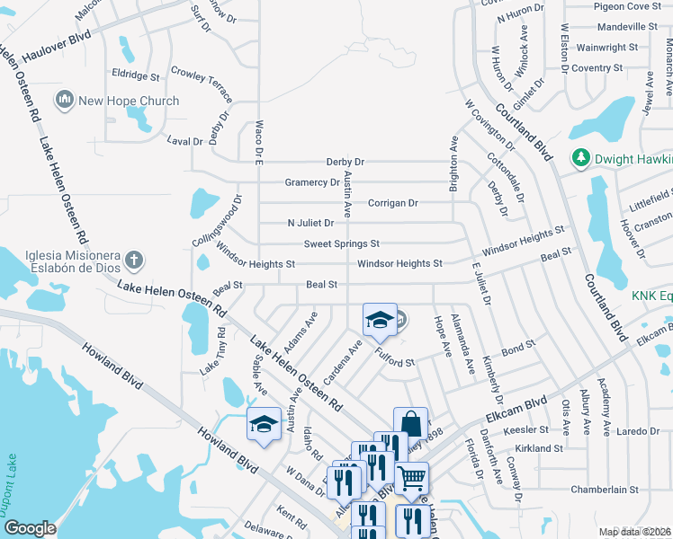 map of restaurants, bars, coffee shops, grocery stores, and more near 2680 Beal Street in Deltona