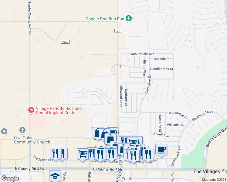 map of restaurants, bars, coffee shops, grocery stores, and more near 12439 Northeast 52nd Loop in Oxford