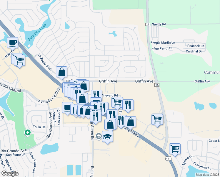 map of restaurants, bars, coffee shops, grocery stores, and more near 630 Griffin Avenue in Lady Lake