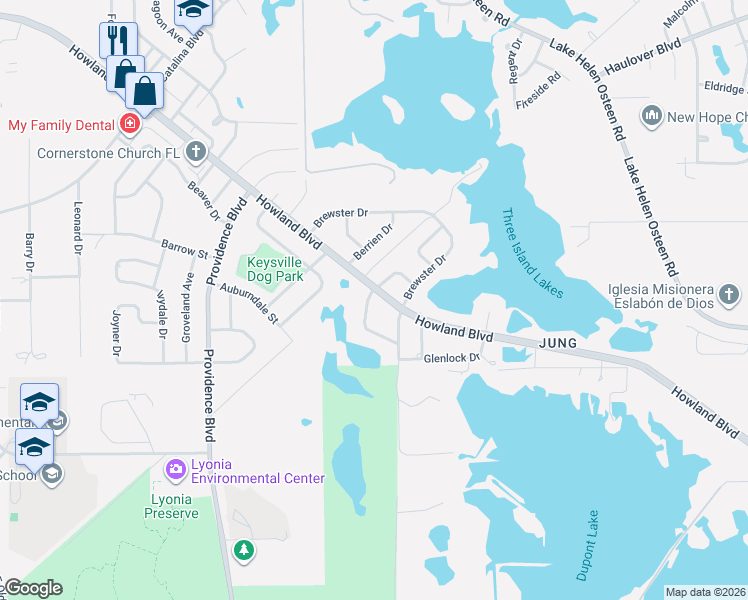 map of restaurants, bars, coffee shops, grocery stores, and more near 2624 Hillview Circle in Deltona