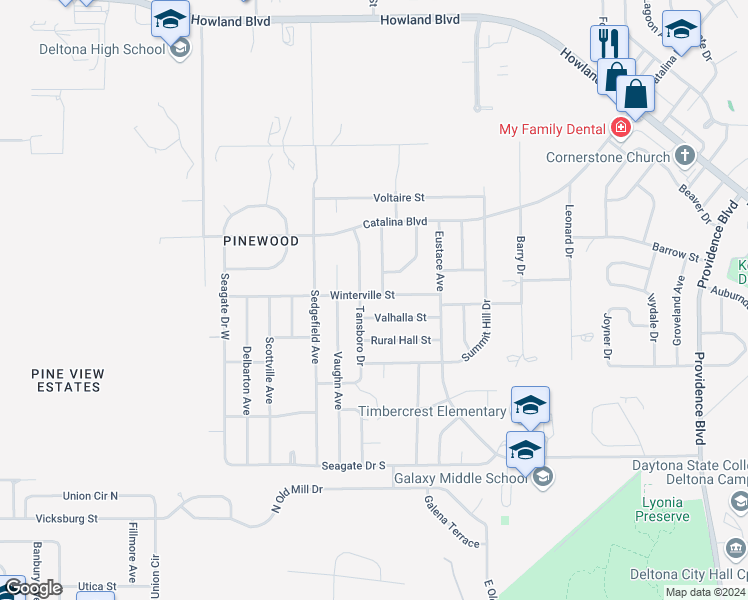 map of restaurants, bars, coffee shops, grocery stores, and more near 1342 Winterville Street in Deltona