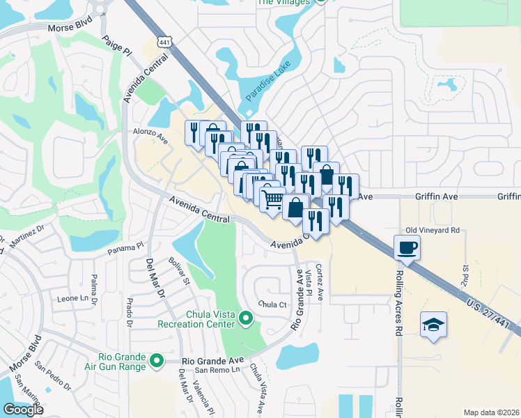 map of restaurants, bars, coffee shops, grocery stores, and more near 996 Bichara Boulevard in Lady Lake