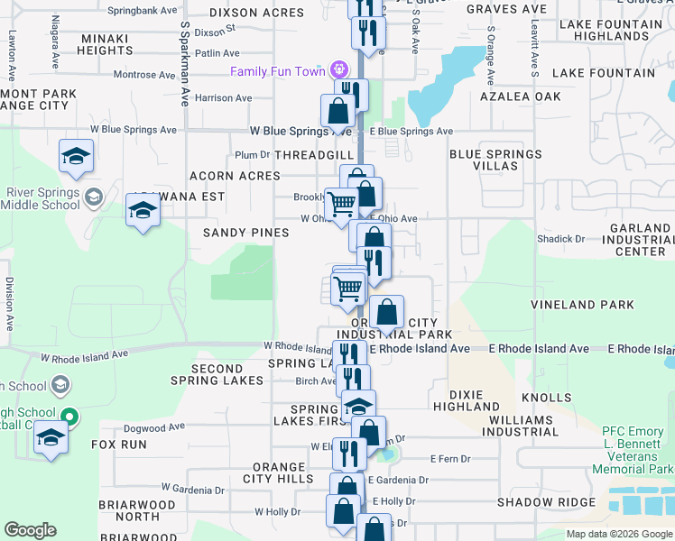 map of restaurants, bars, coffee shops, grocery stores, and more near 1065 South Volusia Avenue in Orange City