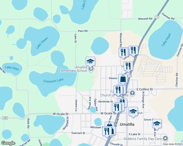 map of restaurants, bars, coffee shops, grocery stores, and more near 401 Lake Street in Umatilla