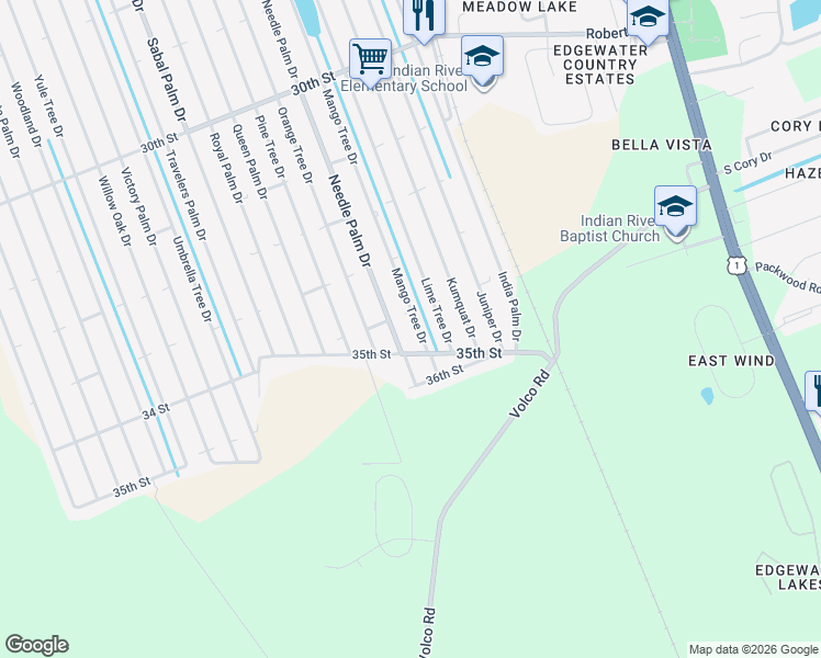 map of restaurants, bars, coffee shops, grocery stores, and more near 3403 Mango Tree Drive in Edgewater