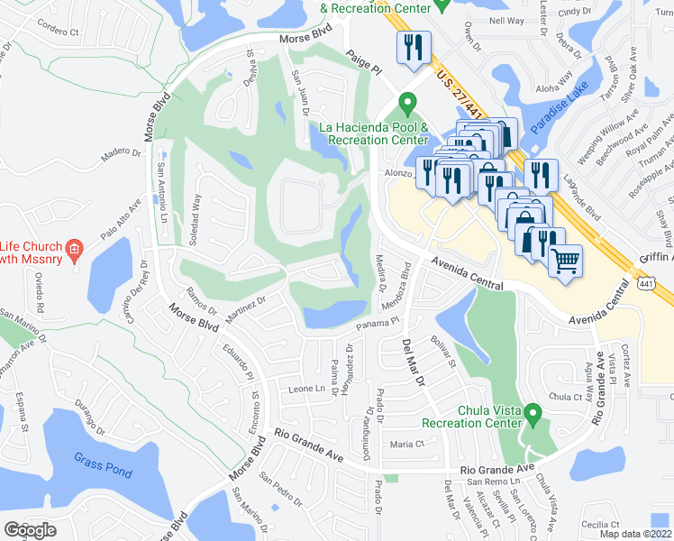 map of restaurants, bars, coffee shops, grocery stores, and more near 907 Santa Anna Lane in Lady Lake