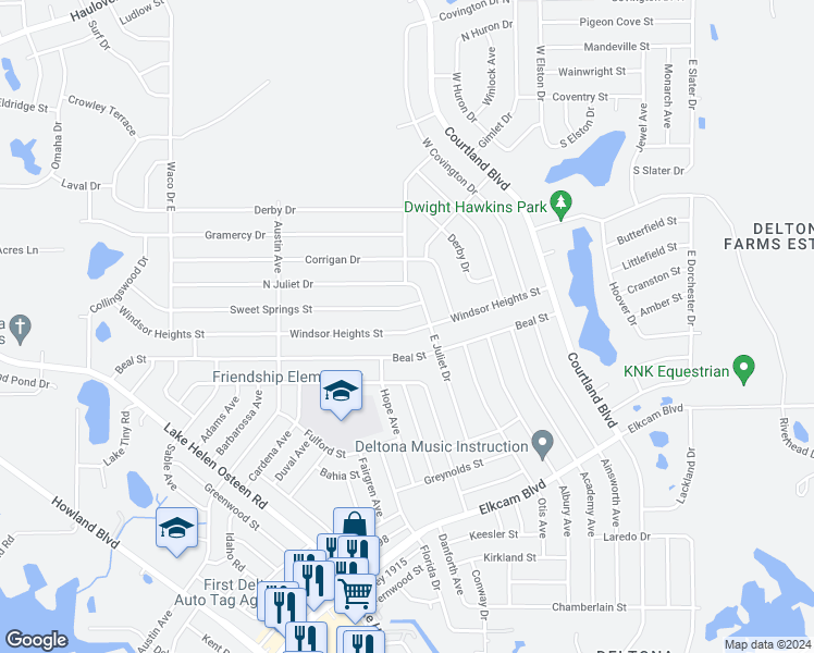 map of restaurants, bars, coffee shops, grocery stores, and more near 2910 Windsor Heights Street in Deltona