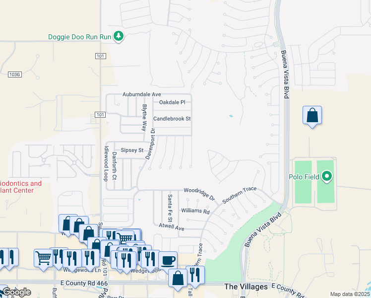map of restaurants, bars, coffee shops, grocery stores, and more near 994 Kingmont Terrace in The Villages