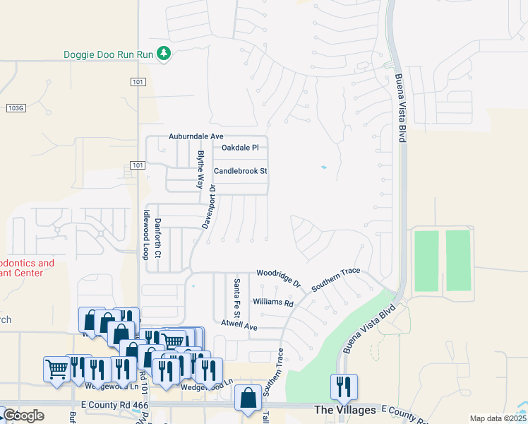 map of restaurants, bars, coffee shops, grocery stores, and more near 3758 Auburndale Avenue in The Villages