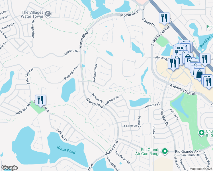 map of restaurants, bars, coffee shops, grocery stores, and more near 912 San Saba Court in The Villages