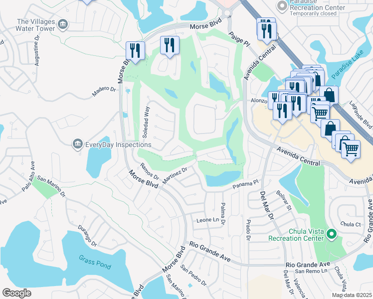 map of restaurants, bars, coffee shops, grocery stores, and more near 1503 Martinez Drive in The Villages