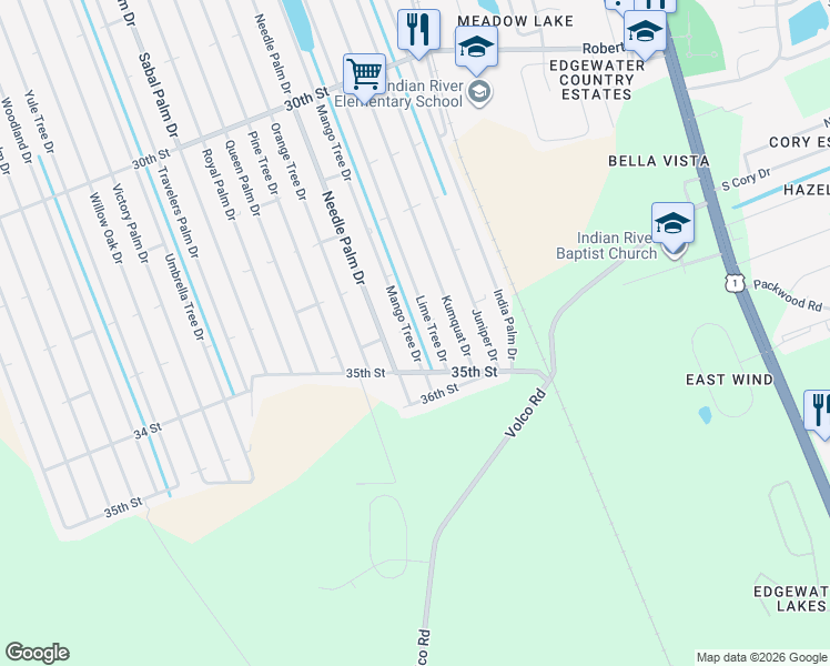 map of restaurants, bars, coffee shops, grocery stores, and more near 3403 Mango Tree Drive in Edgewater