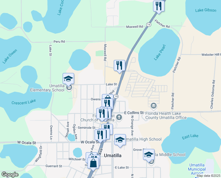 map of restaurants, bars, coffee shops, grocery stores, and more near 725 Umatilla Boulevard in Umatilla