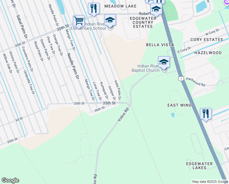 map of restaurants, bars, coffee shops, grocery stores, and more near 3421 Juniper Drive in Edgewater
