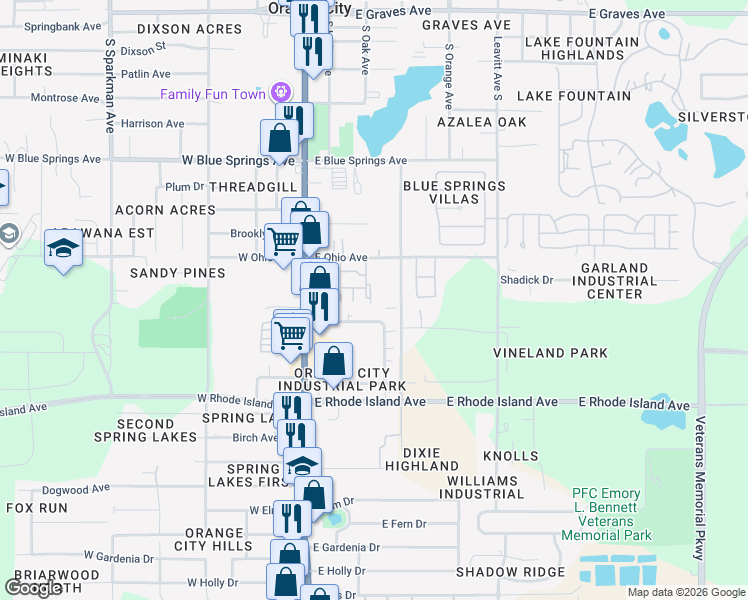 map of restaurants, bars, coffee shops, grocery stores, and more near 950 Smith Street in Orange City