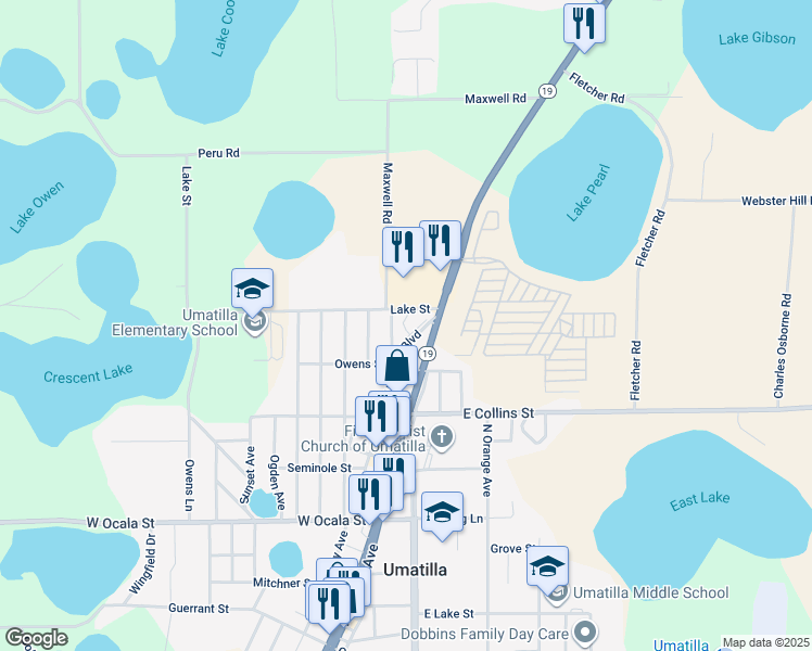 map of restaurants, bars, coffee shops, grocery stores, and more near 725 Umatilla Boulevard in Umatilla