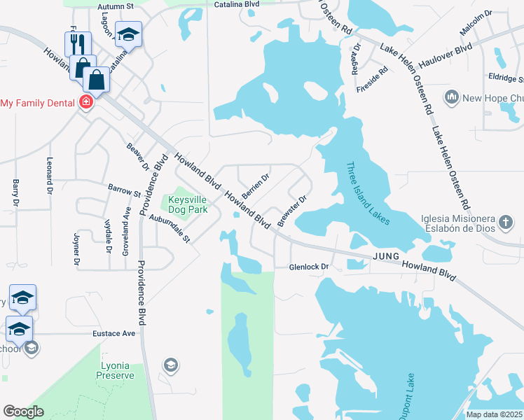map of restaurants, bars, coffee shops, grocery stores, and more near 2049 Hillview Circle in Deltona