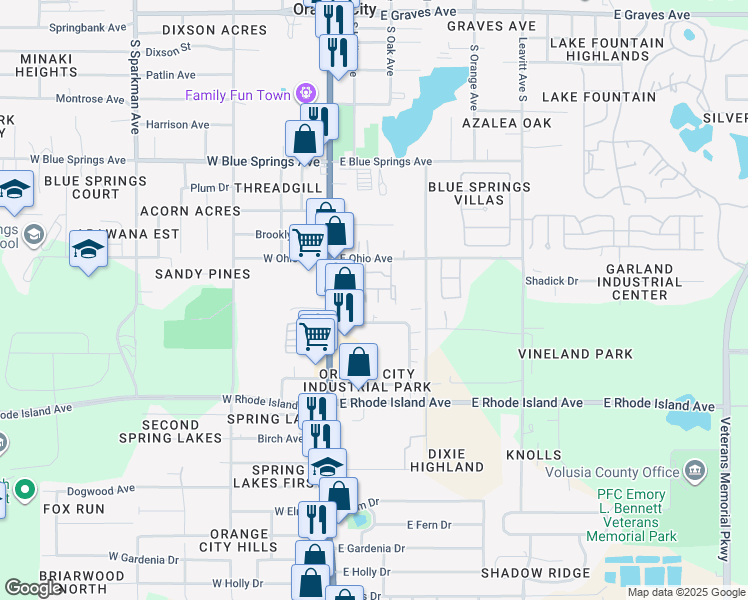 map of restaurants, bars, coffee shops, grocery stores, and more near 220 Whispering Oaks Court in Orange City