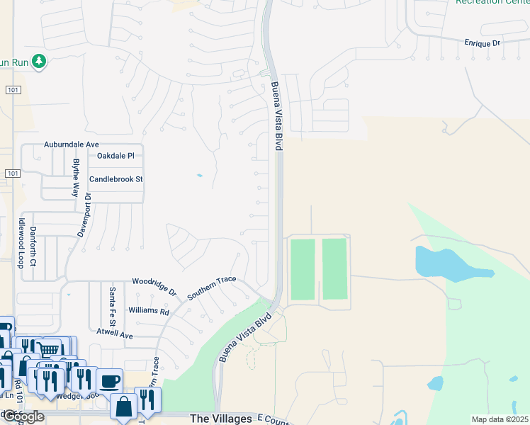 map of restaurants, bars, coffee shops, grocery stores, and more near 977 Oak Forest Drive in The Villages