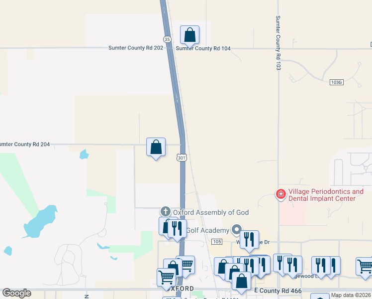 map of restaurants, bars, coffee shops, grocery stores, and more near 12475 U.S. 301 in Sumter County