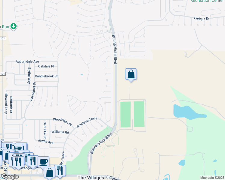 map of restaurants, bars, coffee shops, grocery stores, and more near 977 Oak Forest Drive in The Villages