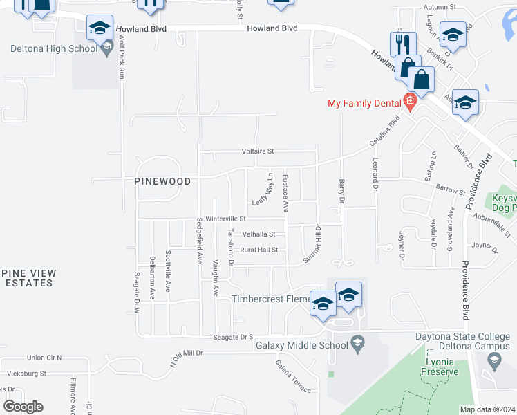 map of restaurants, bars, coffee shops, grocery stores, and more near 2689 Leafy Way Lane in Deltona