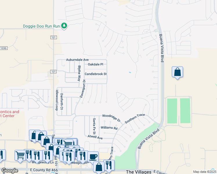 map of restaurants, bars, coffee shops, grocery stores, and more near 3758 Auburndale Avenue in The Villages