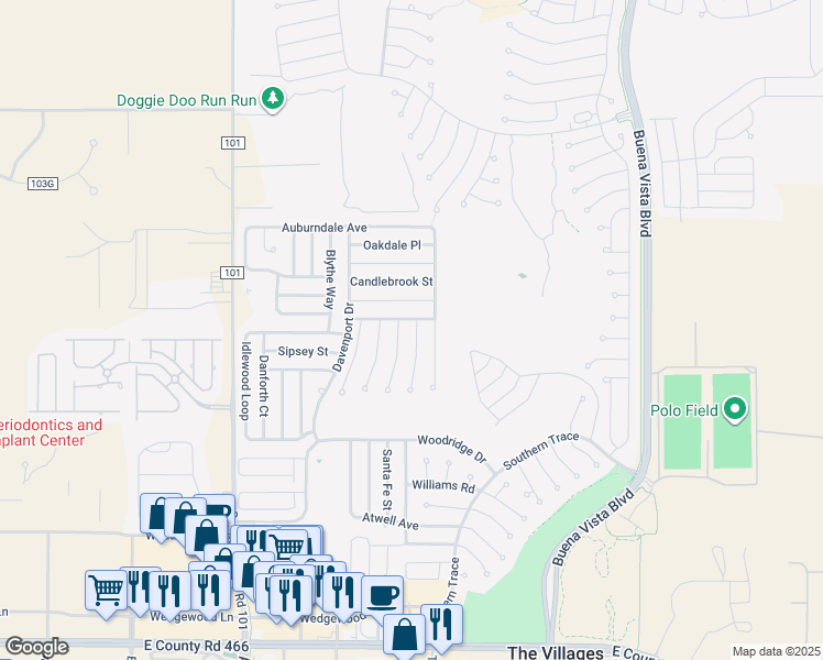 map of restaurants, bars, coffee shops, grocery stores, and more near 994 Kingmont Terrace in The Villages