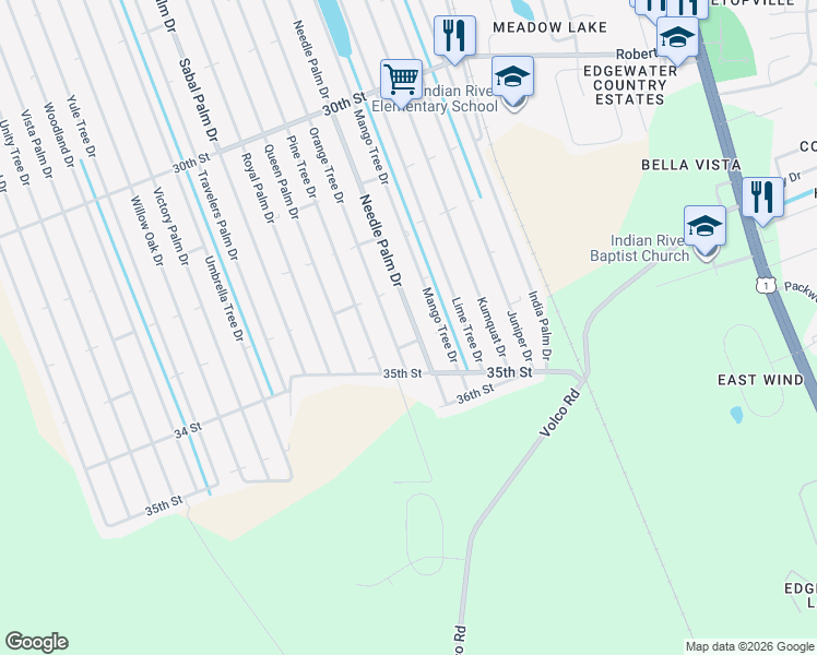 map of restaurants, bars, coffee shops, grocery stores, and more near 3326 Needle Palm Drive in Edgewater