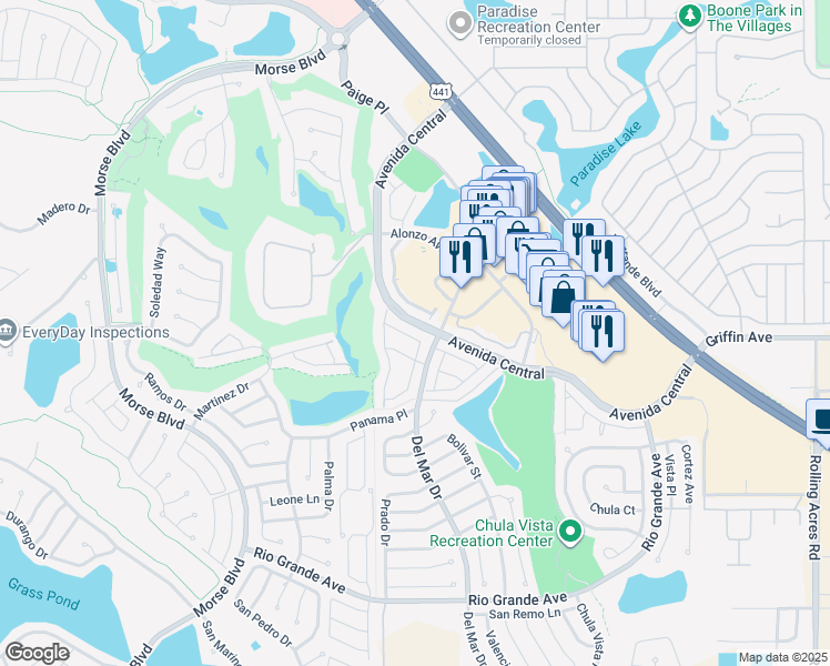 map of restaurants, bars, coffee shops, grocery stores, and more near 1205 Fernando Lane in Lady Lake