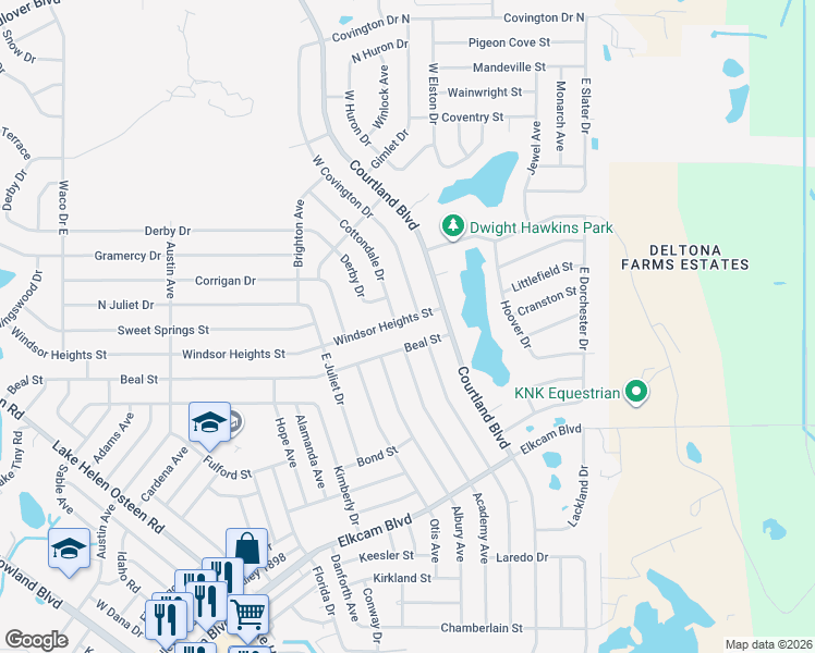 map of restaurants, bars, coffee shops, grocery stores, and more near 2987 Windsor Heights Street in Deltona