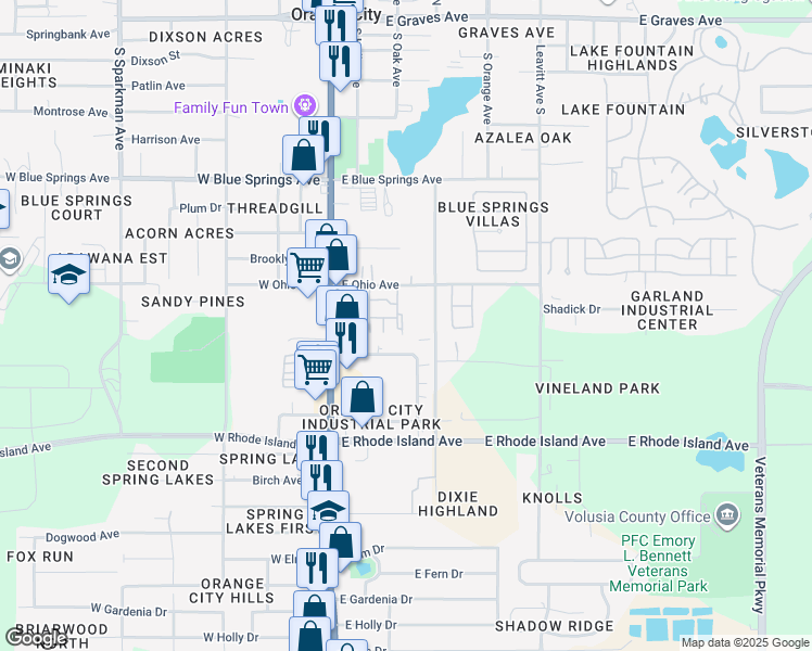 map of restaurants, bars, coffee shops, grocery stores, and more near 950 Smith Street in Orange City