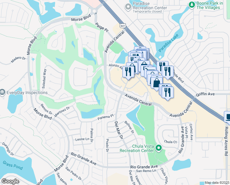 map of restaurants, bars, coffee shops, grocery stores, and more near 1205 Fernando Lane in Lady Lake