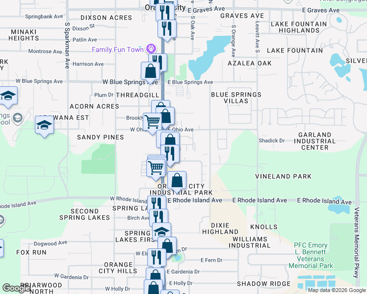 map of restaurants, bars, coffee shops, grocery stores, and more near 220 Whispering Oaks Court in Orange City