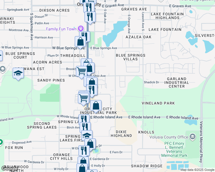 map of restaurants, bars, coffee shops, grocery stores, and more near 950 Smith Street in Orange City