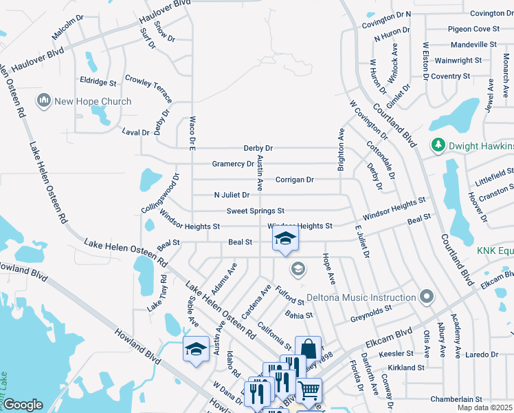 map of restaurants, bars, coffee shops, grocery stores, and more near 2728 Sweet Springs Street in Deltona