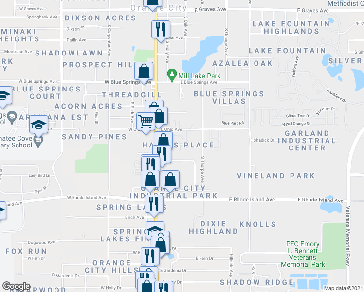 map of restaurants, bars, coffee shops, grocery stores, and more near 210 Whispering Oaks Court in Orange City